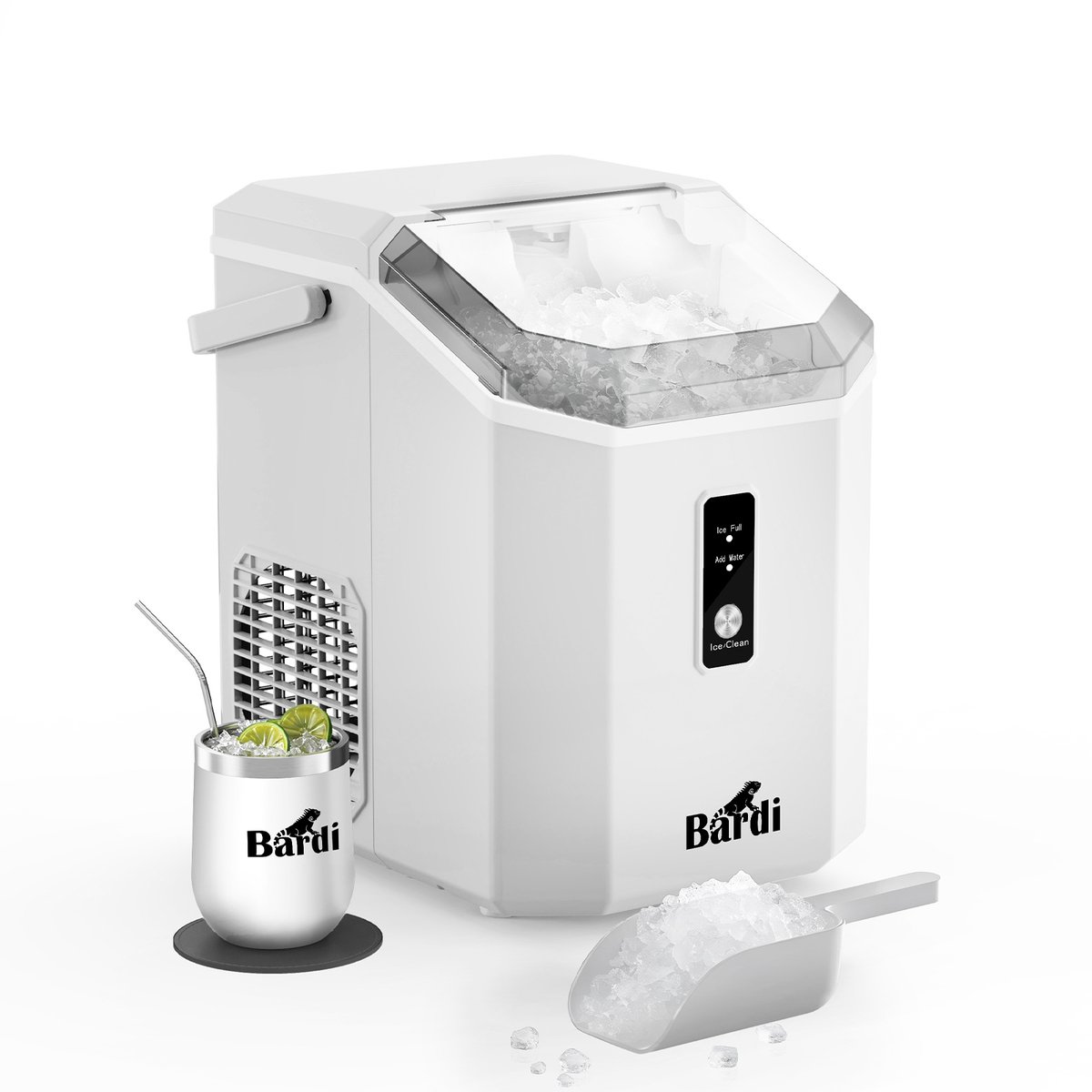 Bardi – Nugget ijsblokjesmachine Square – 1,1 L – Met Luxe Thermosbeker – Wit