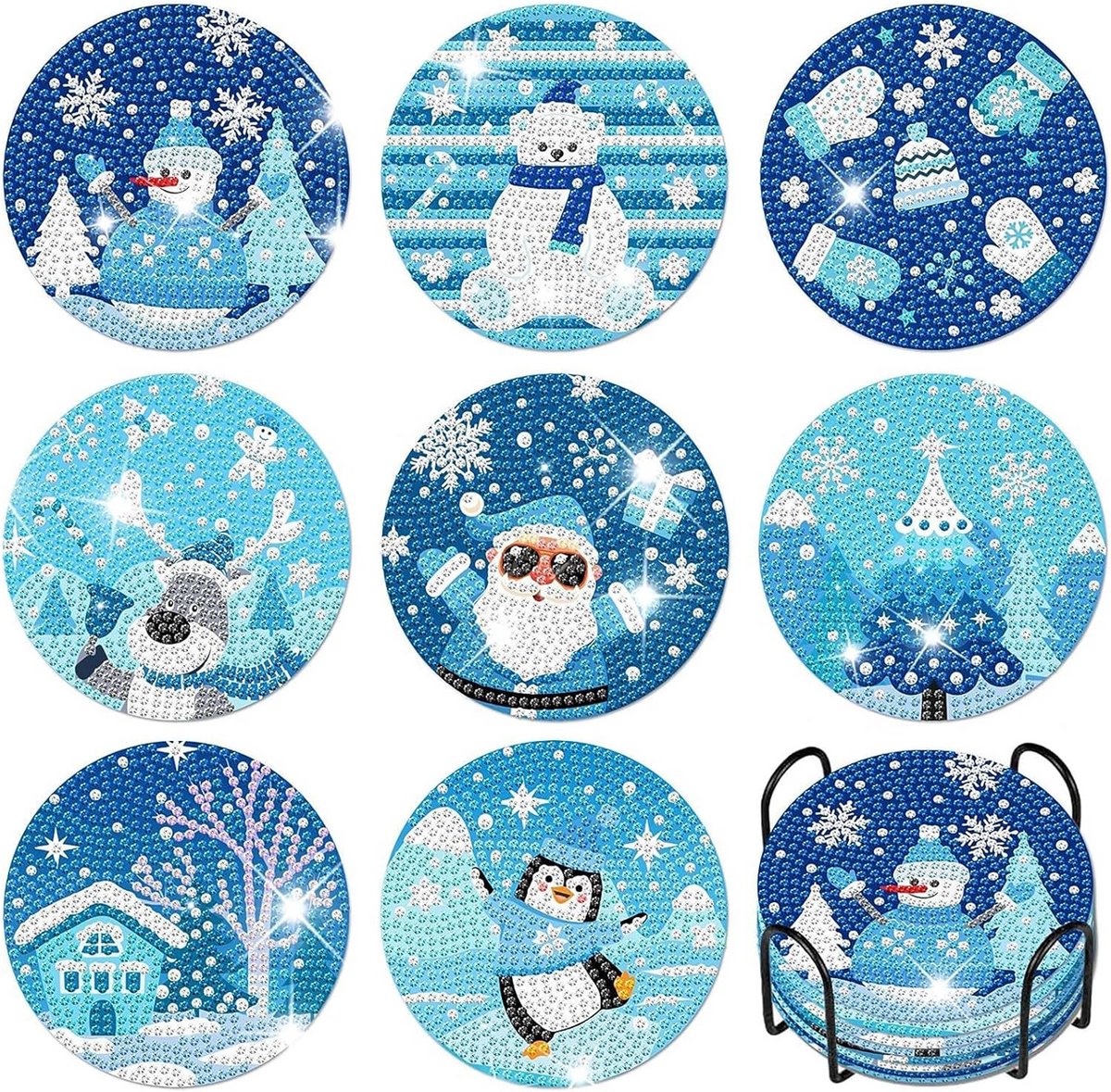 8x Diamant Schilderen Onderzetters Kerstthema DIY Set met Houder