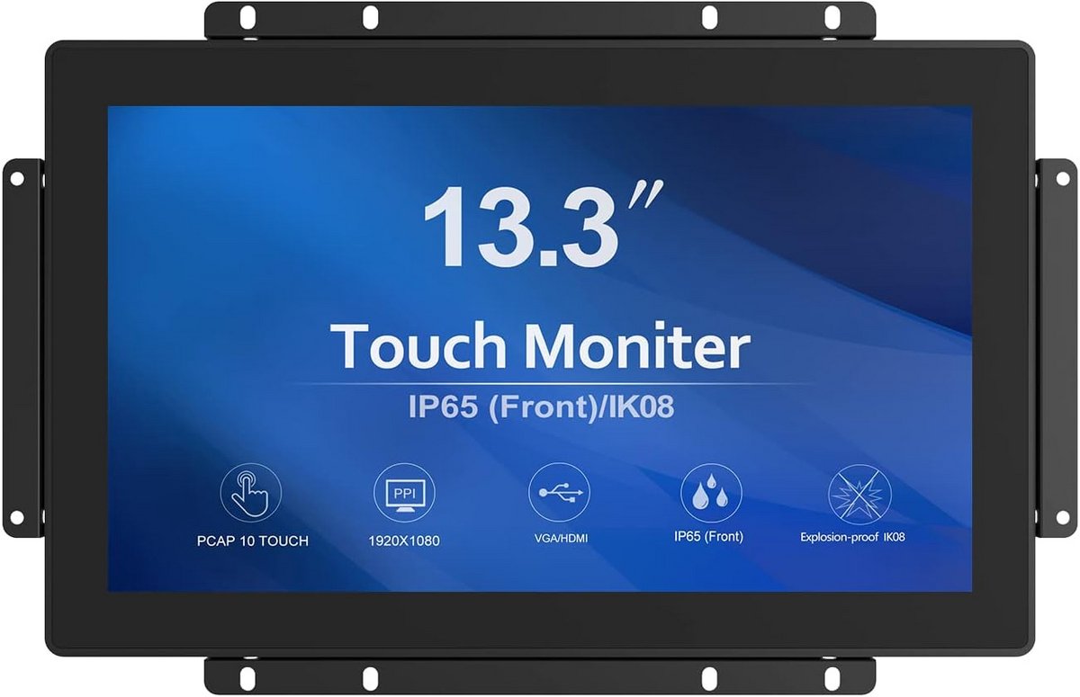 13,3 inch open frame touch screen monitor, industriële PCAP touchscreen, 1920x1080, VGA HDMI DVI, zwart