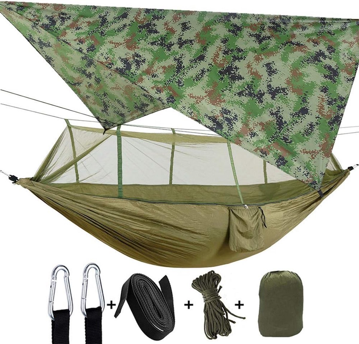 Dubbele Camping Hangmat met Inclusief Muskietennet en Regenhoes - Draagbaar en Sterk voor Buitenactiviteiten