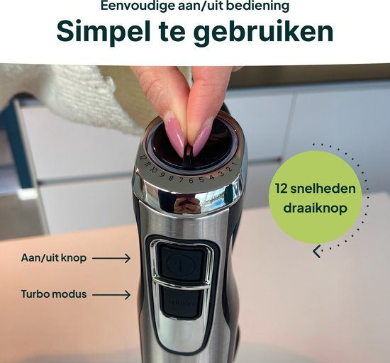 Staafmixer met Maatbeker - 1000W - RVS - 12 Snelheden + Turbofunctie - Handblender - Vaatwasserbestendig - BPA-vrij - Vivid Green