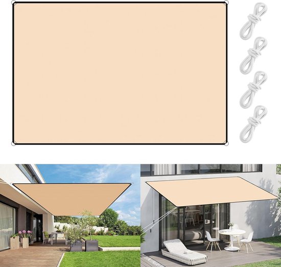 Voile d'ombrage rectangulaire kaki de 3x2m avec cordes, montrée au-dessus d'une terrasse.