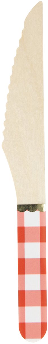 PARTYPRO - 8 houten vichy en gouden messen 16,5 cm guinguette stijl