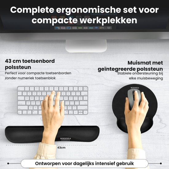 43 cm polssteun voor toetsenbord en muismat met polssteun. Met witte muis en hand.