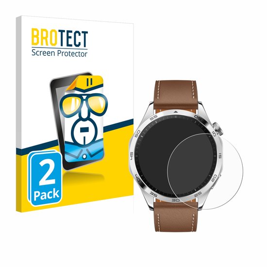 Emballage 'BROTECT Screen Protector' avec personnage de dessin animé et icône '2 Pack', à côté d'une montre avec protecteur d'écran.