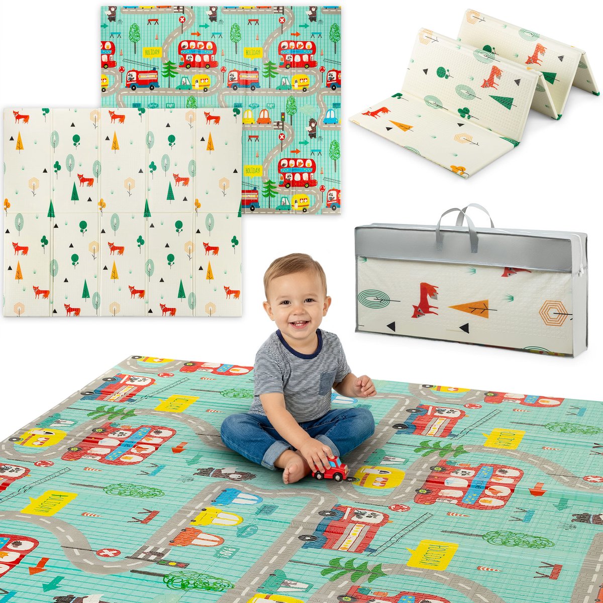 Speelmat Baby Opvouwbaar - Speelkleed Baby - Vloerkleed Baby - Speelmat Foam - Dubbelzijdig - 200x180x1 cm - Dubbelzijdig - Inclusief Opbergtas - Auto's