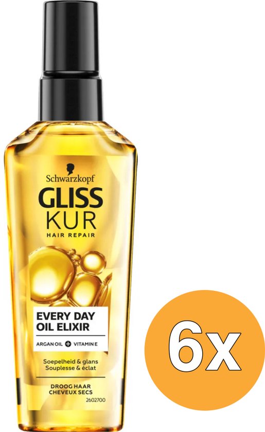 Gliss Oil Nutritive - Daily Oil Elixer - Haarverzorging - Haar Olie - Voeding - Stug en Beschadigd Haar - Voordeelverpakking - 6x 75ml
