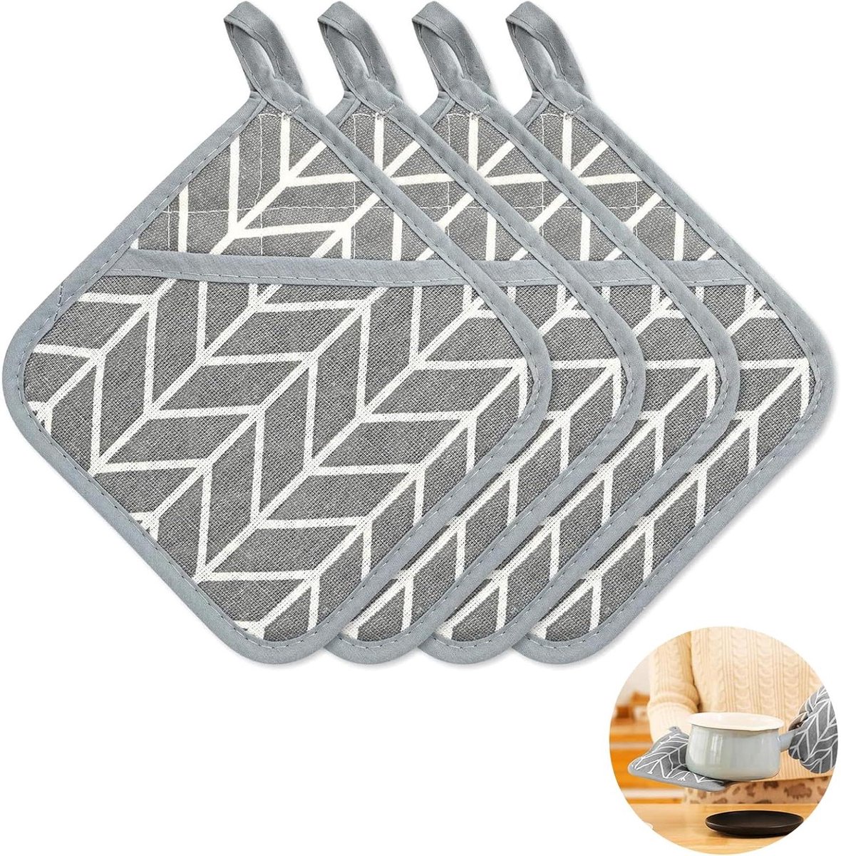 Katoenen pannenlappen set van 4, hittebestendig, 17 x 17 cm, keuken accessoires, grijs.