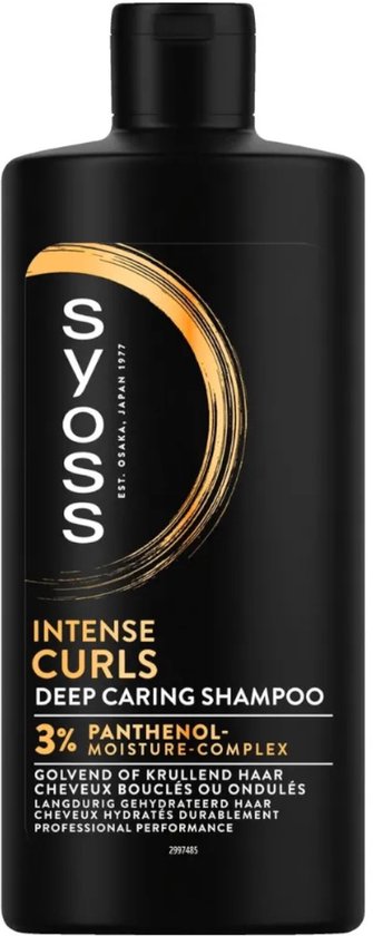 Zwarte fles Syoss Intense Curls Deep Caring Shampoo, logo met gouden cirkel, gele tekst.