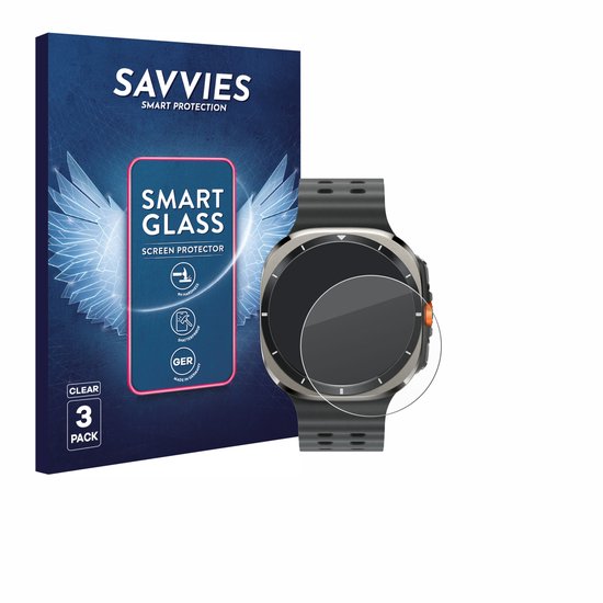 Savvies Smart Glass screenprotector verpakking met vleugels, naast een smartwatch met screenprotector.
