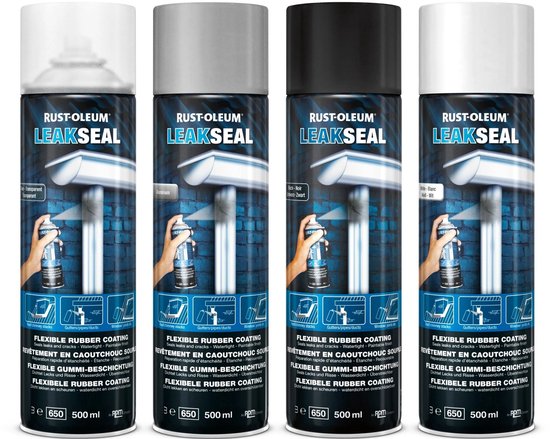 Vier spuitbussen LeakSeal van Rust-Oleum: transparant, grijs, zwart en wit. Toon de applicatie van het product.