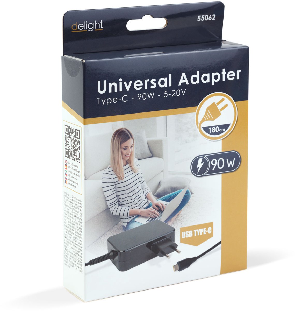 USB-C Laptop Oplader 90W – Power Delivery – 5-20V – 1,8m Kabel – Snellader – Zwart [55062]