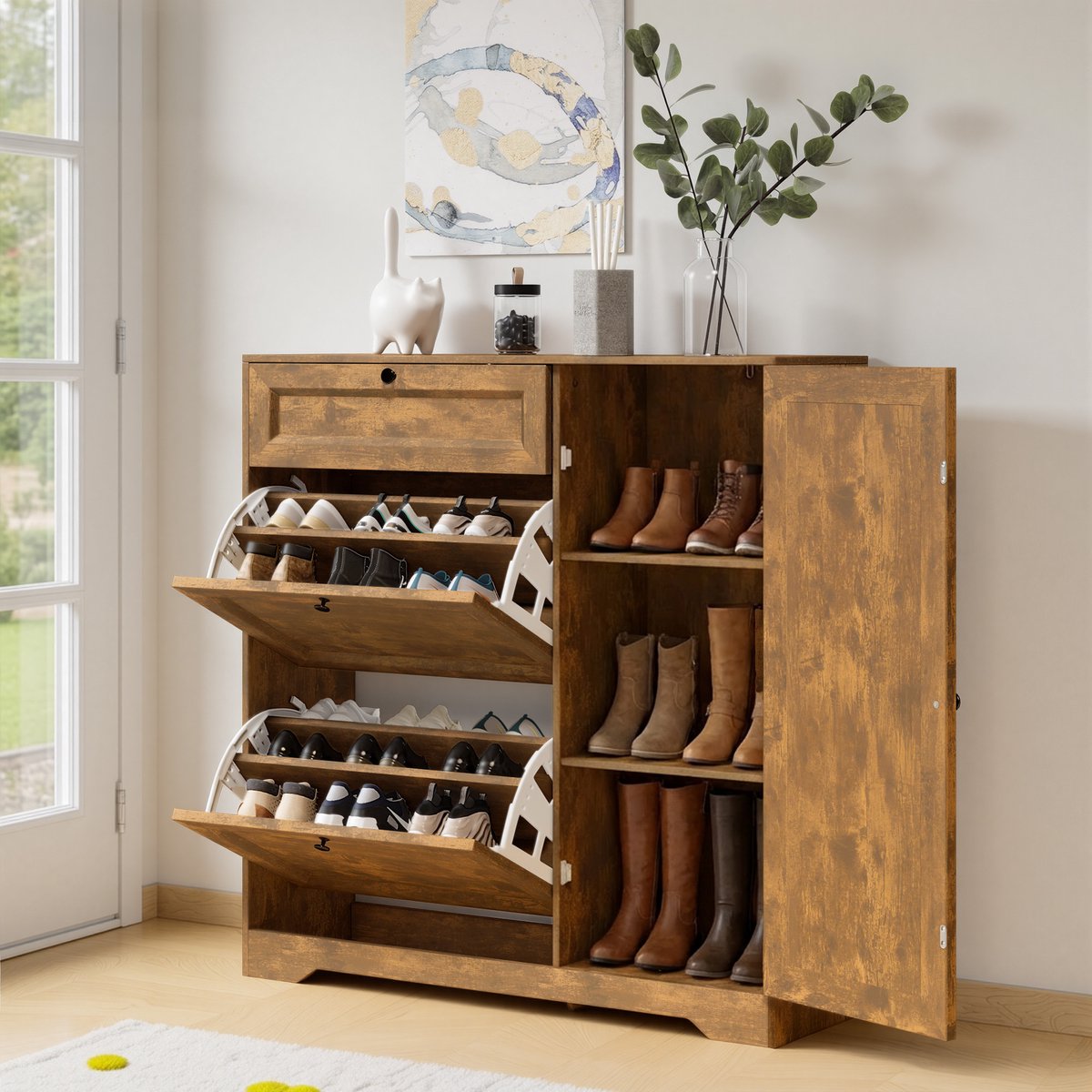 Xbro Schoenenkast met 2 Klapdeuren en 1 Lades – Dubbele Diepte – Modern Schoenenrek met Bovenplank – Voor Hal & Slaapkamer – 100 x 30 x 104 cm – Retro