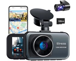 Sireza® D2 - Dashcam - Dashcam Voor Auto - Dual Dashcam - Ultra 4K & UHD - Voor en Achter Camera - WiFi - 3 inch met App - 128GB SD Kaart - Loop Opname - G Sensor - mini koevoet - haakske usb-c oplaadkabel - NL/FR/ENG Handleiding + NL Systeem
