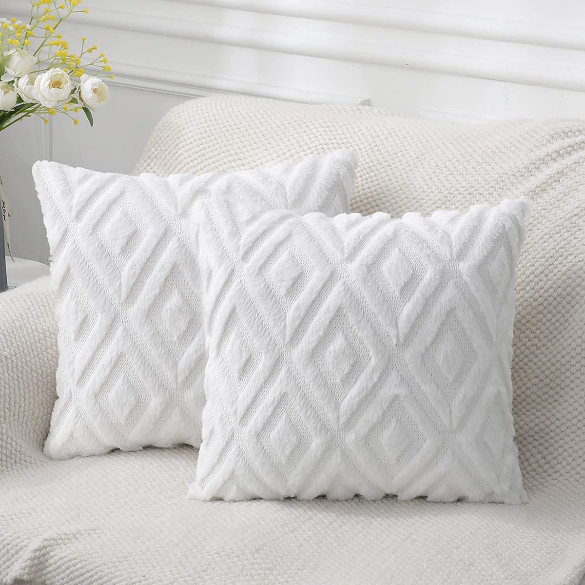 2 kussenslopen - sierkussens - Woondecoratie - Geschikt voor slaapkamer of woonkamer - Kusseninzet niet inbegrepen - 45×45cm - Pluche - Wit