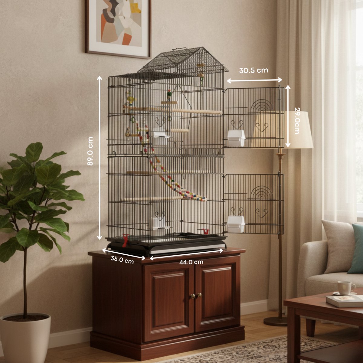 Pawmate Vogelkooi Zwart - Vogelkooi voor Binnen Inclusief Speelgoed - Compacte Voliere - Open Dak - 89x44x35 cm - Tafelmodel zonder Onderstel thumbnail 2