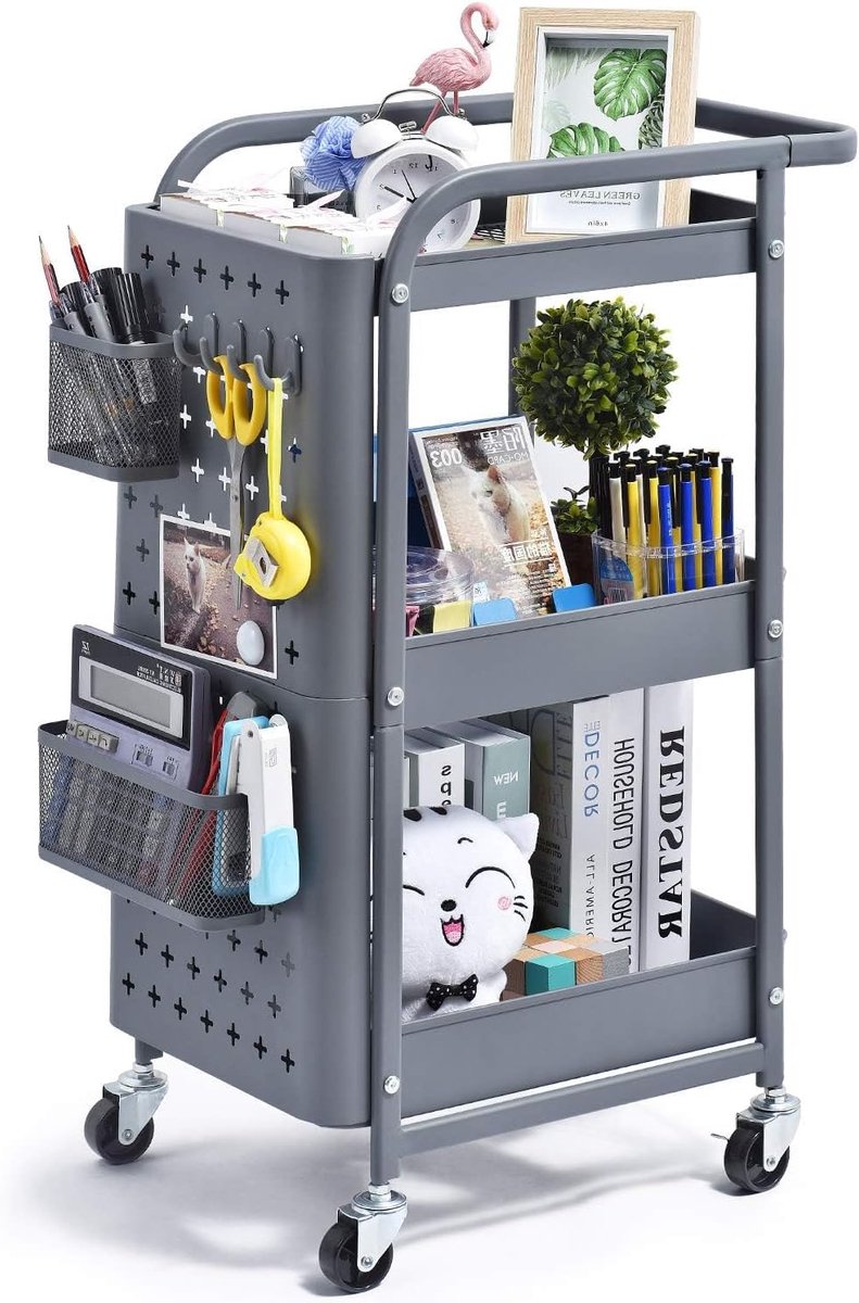bureau trolley – smalle rolwagen met stapplanken – multifunctionele opbergwagen met wielen – grijs