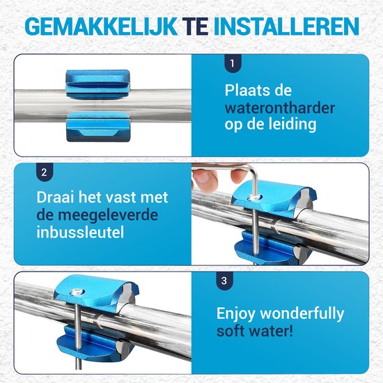 Instructies voor installatie: plaats de waterontharder, draai vast met inbussleutel, geniet van zacht water.