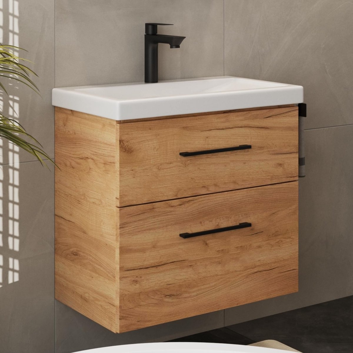 badmeubelset wastafel met badmeubel 63 x 60 x 36,5 cm, moderne wastafelmeubel voor badkamer & gastentoilet, goud eik