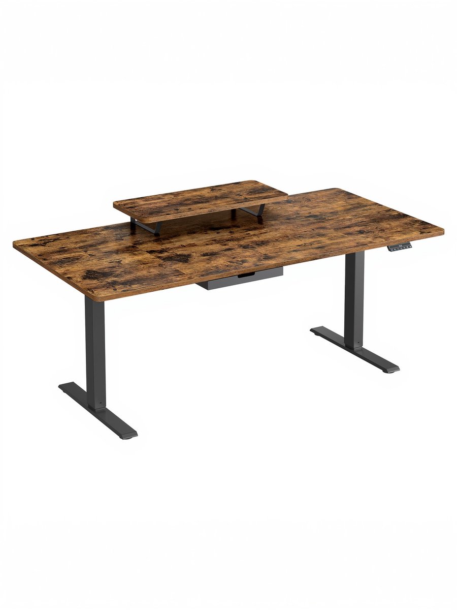 In hoogte verstelbaar bureau – 160 x 80 cm – Met monitorstandaard en USB-poort – Vintage Bruin – Voor kantoor