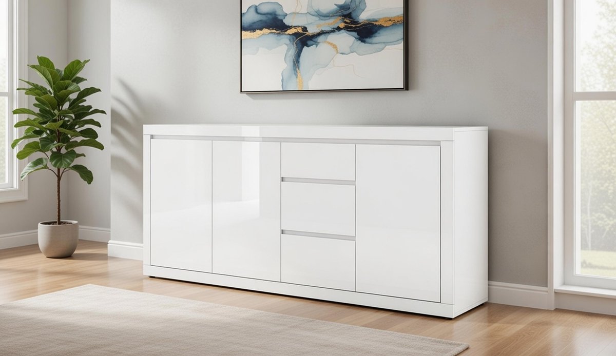 Aurora Luxe Dressoir 195x40x89 cm – Hoogglans Wit Greeploos Design met 3 Deuren & 3 LadesCasa Serena – Casa Dorada