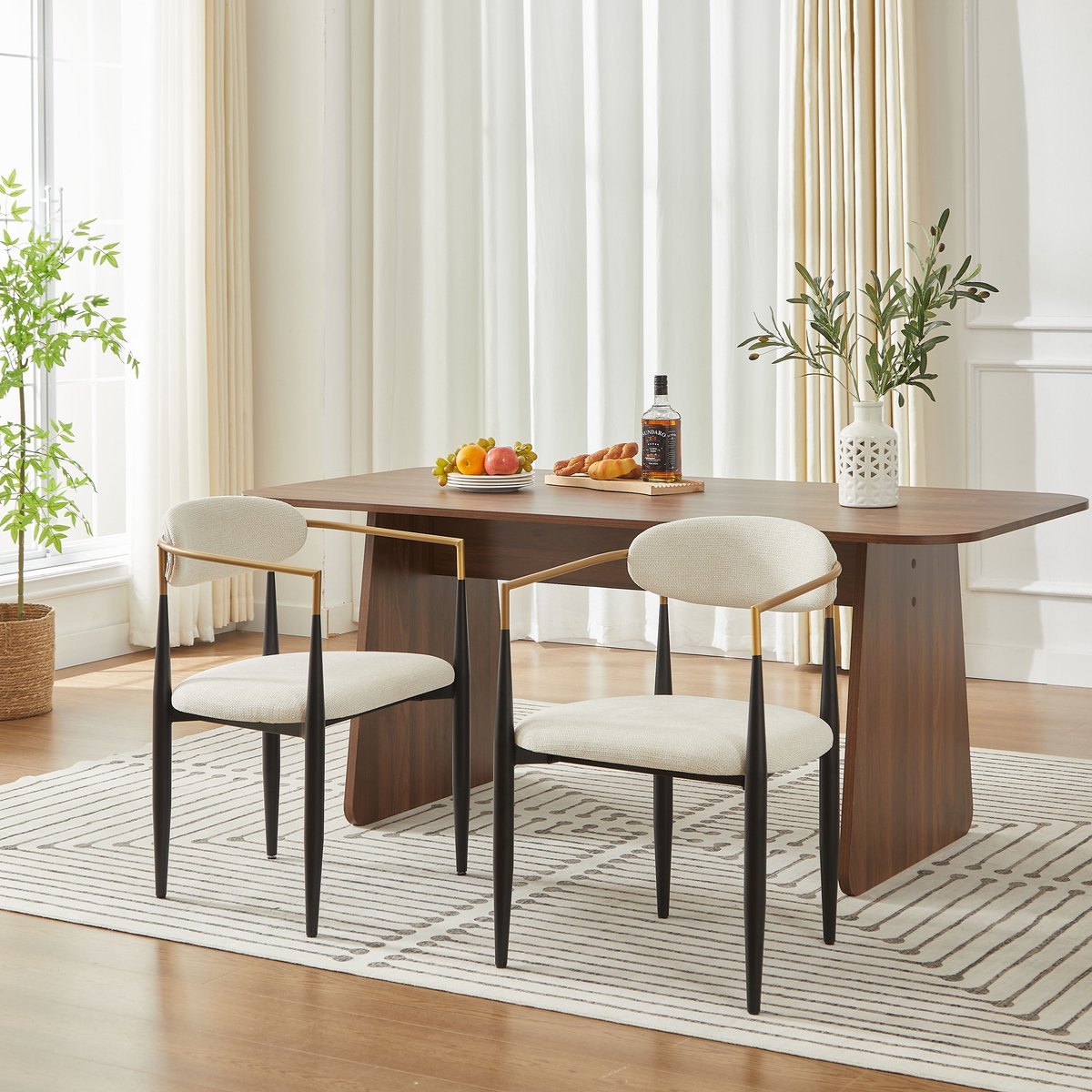 STILVORA Eetkamerstoel Set Van 2 - Comfortabele Stoffen Kussens - Metalen Frame Met Gouden Accent - Voor Eetkamer En Woonkamer - Beige Beige + Zwart