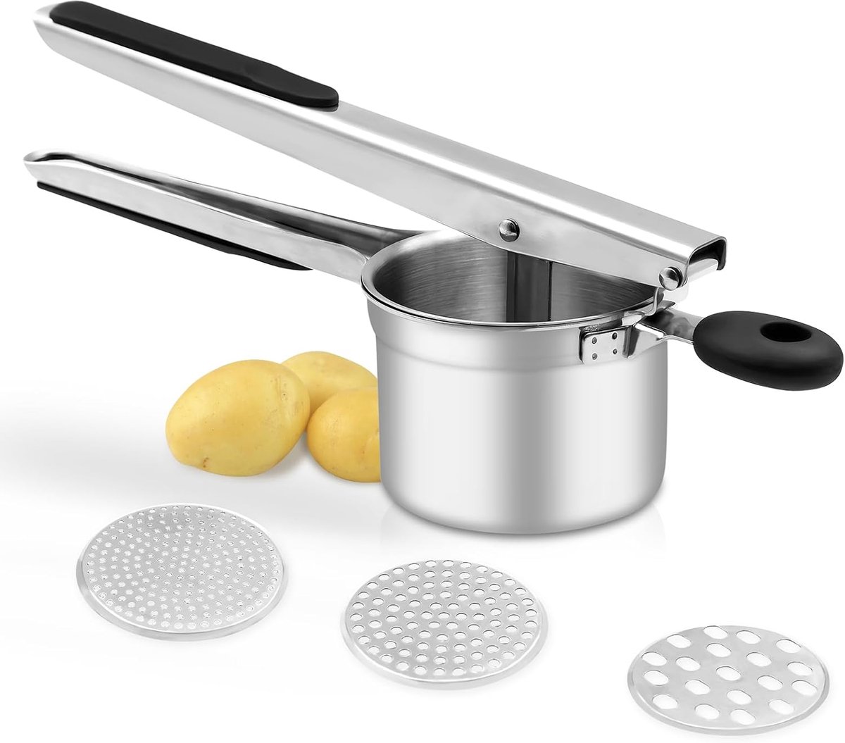 Krachtige aardappelstamper met 3 verwisselbare snijplaten, gemaakt van voedselveilig roestvrij staal voor luchtige aardappelpuree, geschikt voor het stampen van groenten en fruit (zilver).
