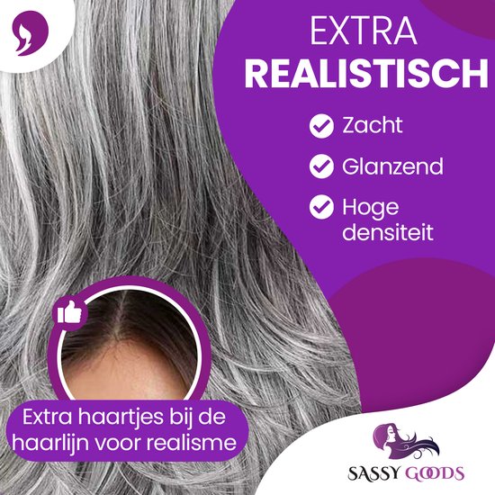 Close-up van lang, grijs gelaagd haar, dat zacht en glanzend oogt. Een cirkelvormige inzet toont extra haar bij de haarlijn.