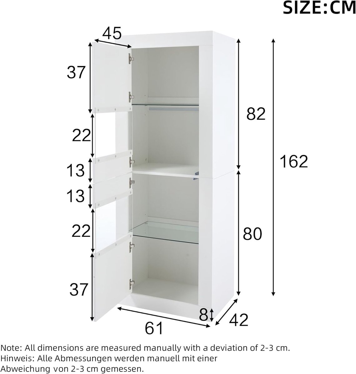 Vitrinekast met LED Verlichting – Casa Velluto Lumina Glass Hoogglans Wit – Glazen Kast met 2 Verstelbare Glazen Planken – Hoge Displaykast 162 cm – Boekenkast & Verzamelvitrine voor Woonkamer en Slaapkamer