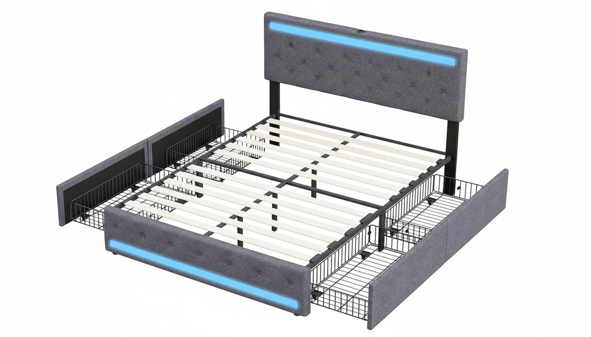 Tweepersoonsbed 160x200 cm Casa Velluto – Gestoffeerd Opbergbed met 4 Lades, LED RGB Verlichting, USB- en Type-C Oplaadpoorten, Linnen Bedframe voor Volwassenen en Tieners – Modern & Luxe Slaapkamerbed (Grijs F)