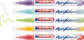 Vijf Edding acryl markers met fijne punt (1-2 mm) in paars, lichtblauw, groen, geel en rood.