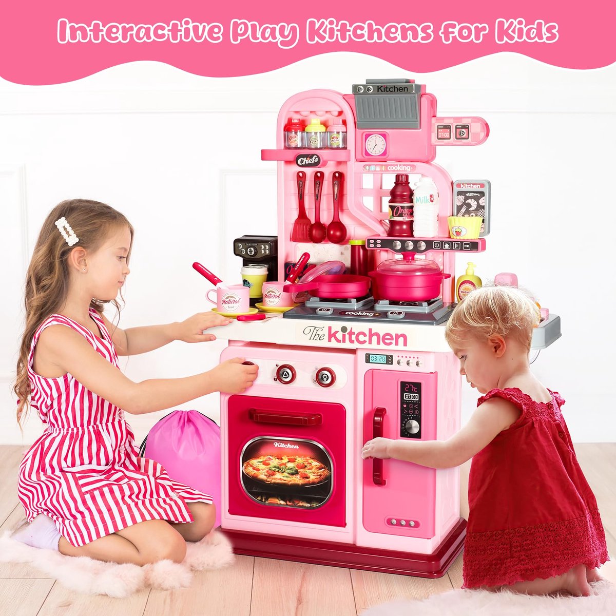 53-delige speelkeukenset voor kinderen - 69 cm speelkeuken met geluid en licht, kookplaat, speelgootsteen, oven, keukenspeelgoed, fantasiespel, keukenspeelgoed voor peuters van 1, 2 en 3 jaar (roze) — afbeelding 3