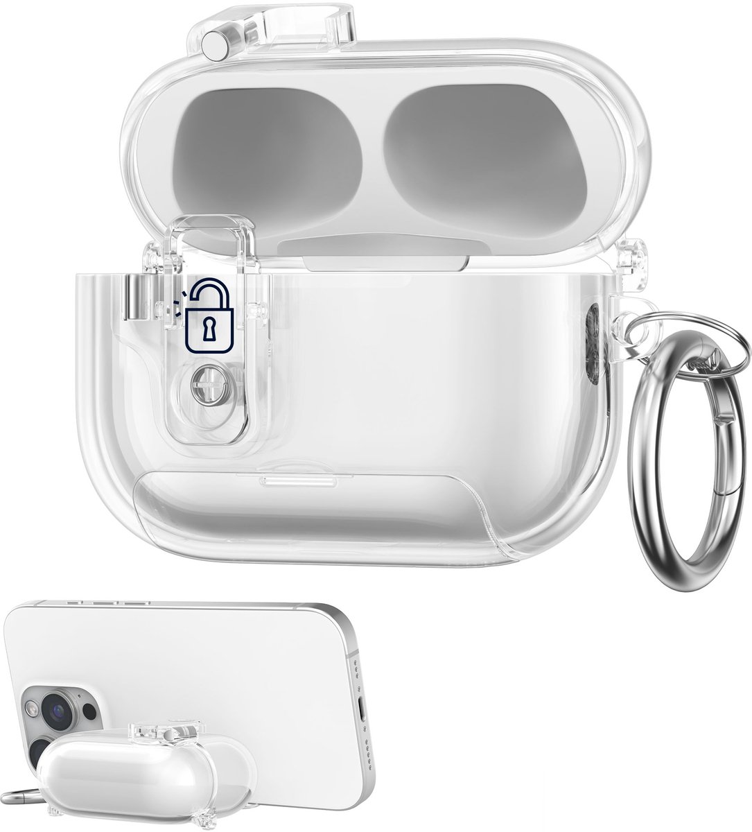 kwmobile Transparante hoofdtelefooncase voor Apple Airpods Pro 2 / Pro 1 hoes - Headphones TPU cover met standaardfunctie en veiligheidsvergrendeling - transparant