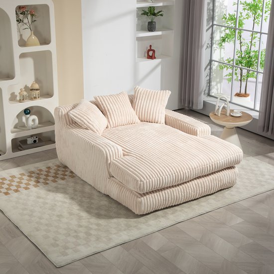 Wishdor Lounge Vloerbank - Chaise Longue Fauteuil - Ergonomisch Design met 3 Kussens - Zachte Ribstof - Beige - 125 x 155 cm
