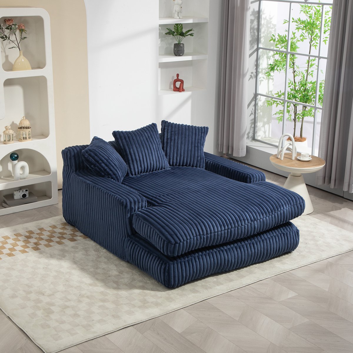 Wishdor Chaise Longue - Met 3 Kussens - Modern - Voor Woonkamer Of Kantoor - Corduroy - Marineblauw - 125 x 155 x 63 cm
