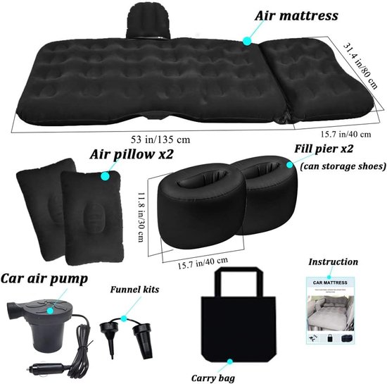 Inflatable Car Air Mattress Travel Bed - Thickened Camping Bed Sleeping Pad with Car Air Pump 2 Pillows for Car Tent SUV Sedan Pickup Back Seat - Black van Merkloos — afbeelding 3