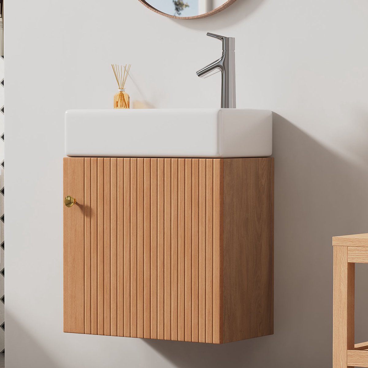 Wishdor - Badkamermeubel Met Keramische Wastafel - Opbergruimte - Minimalistisch - Voor Kleine Badkamers - MDF - Naturel Hout
