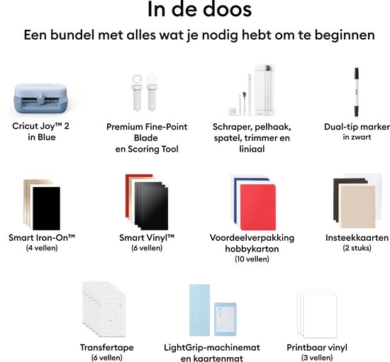 Inhoud van de Cricut Joy Essentials bundel, met machine en diverse knutselmaterialen.