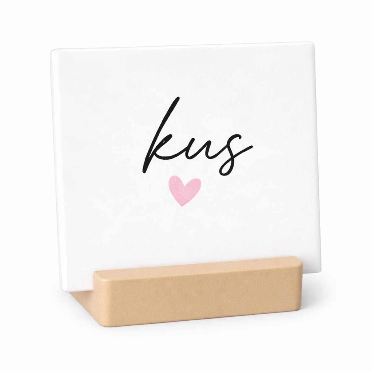 Keramische Tegel “Kus” 10x10 cm met Beige Houder – Liefde Cadeau – Minimalistisch – Roze Hart