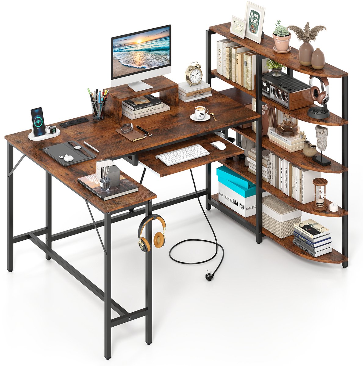 COSTWAY Bureau L-vorm met laadstation en boekenkast, hoekbureau met monitorstandaard, haak en toetsenbordplank, computertafel met metalen frame, werktafel voor thuis en kantoor (bruin)