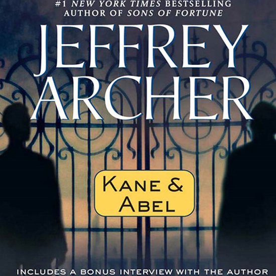 Boekomslag van 'Kane & Abel' van Jeffrey Archer, met twee figuren bij een hek.