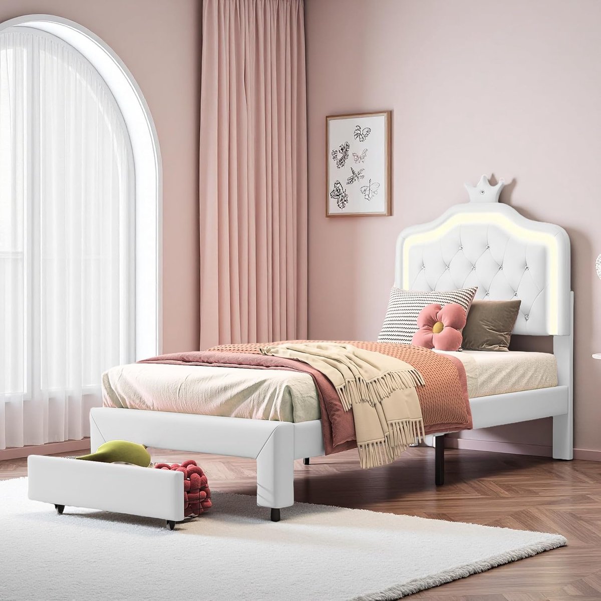 Kinderbed met lade - Eenpersoonsbed prinsessenbed - Slaapkamer inrichten - Verstelbaar hoofdeinde LED - 90 x 200 cm - Wit