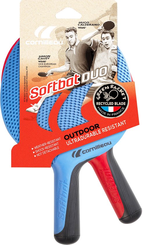 Een blauwe en rode Cornilleau Softbat Duo tafeltennisbat verpakt. De verpakking toont "DUO" en "GREEN RACKET MADE IN FRANCE".