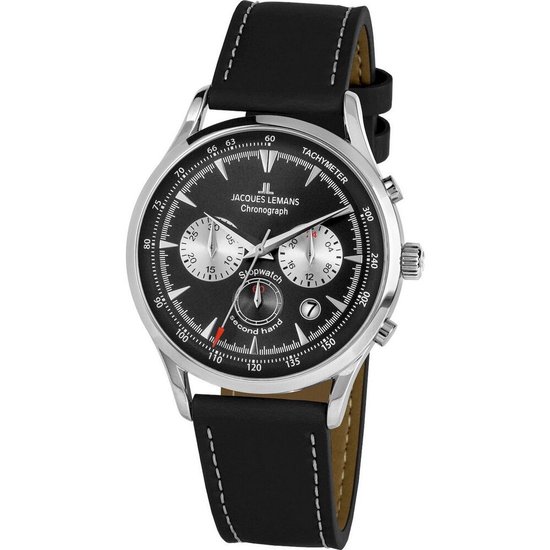 Zwart Jacques Lemans Chronograph herenhorloge met zilverkleurige details en zwarte band.