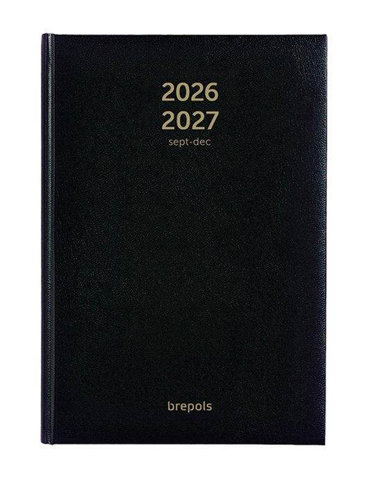 Zwarte kaft van een Brepols agenda. Goudkleurig bedrukt met '2026 2027 sept-dec' en 'brepols'.