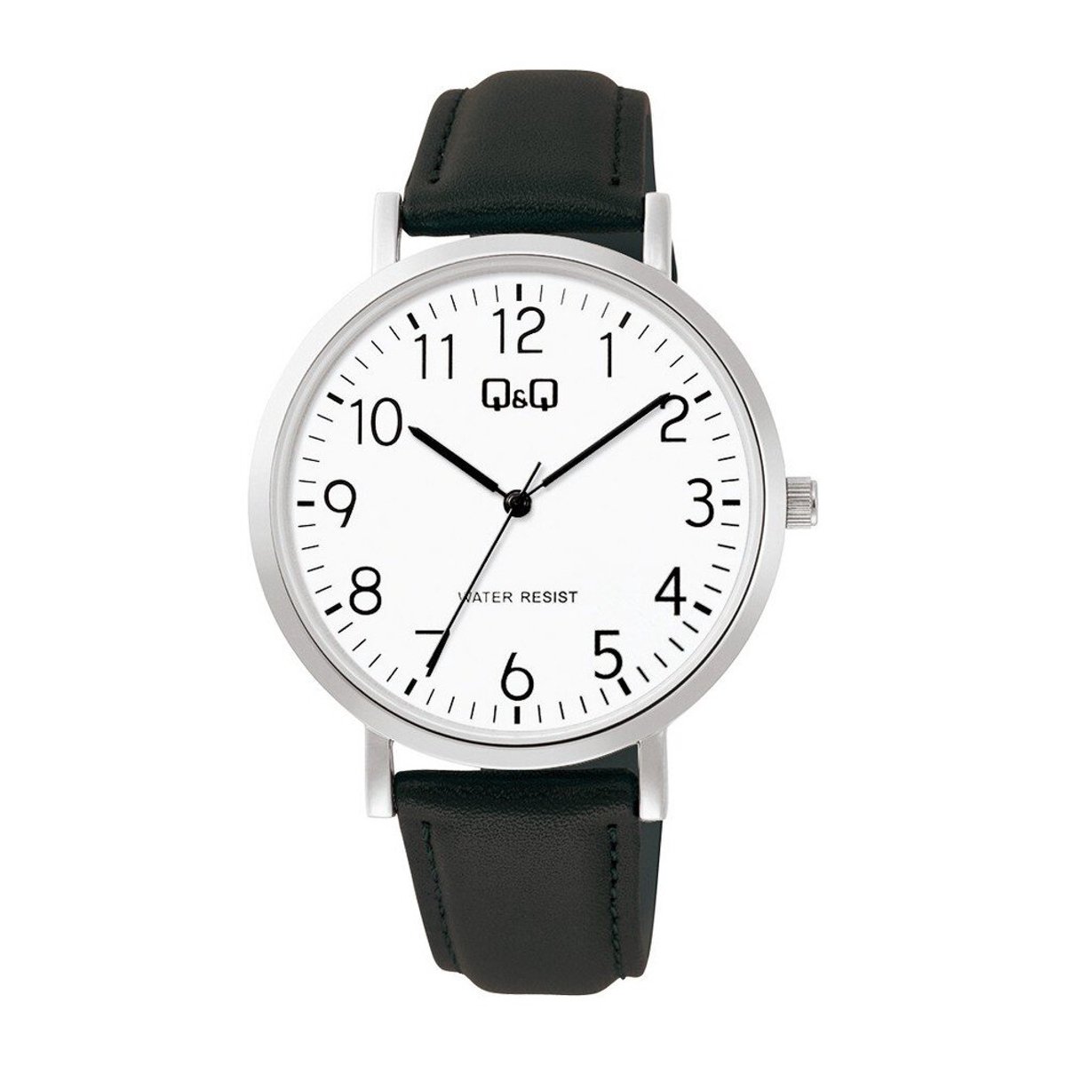 QQ C34A-007PY - Horloge - Analoog - Heren - Mannen - Leren band - Rond - Metaal - Cijfers - Zwart - Zilverkleurig - Wit