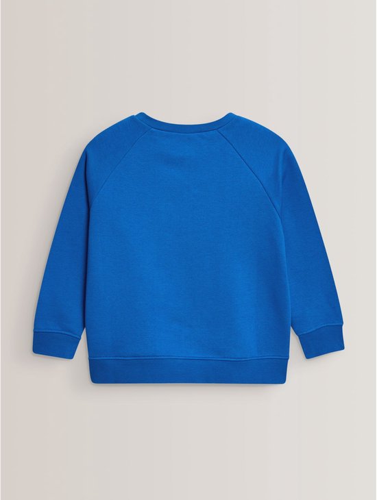 Achterkant van een effen blauwe trui met ronde hals en raglanmouwen.