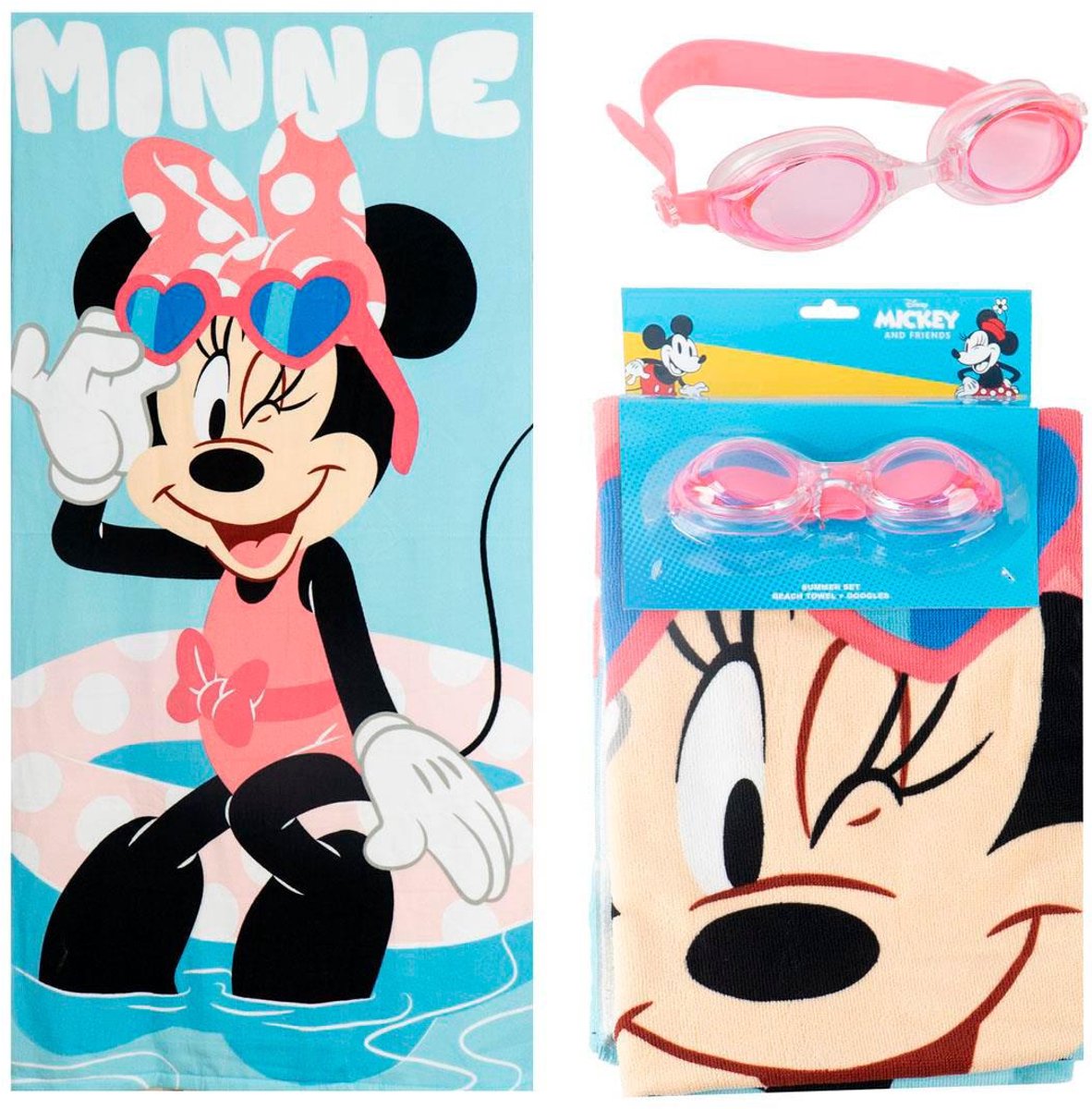 Disney Minnie Mouse Strandlaken Set met Zwembril – 70x140 cm – Polyester – Sneldrogend – Strandlaken Kind Meisjes