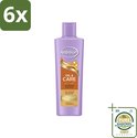 Andrélon Oil & Care voedende shampoo fles met paarse dop. "6x" in groene cirkel linksboven.