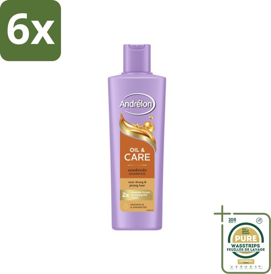 Andrélon Oil & Care voedende shampoo fles met paarse dop. "6x" in groene cirkel linksboven.